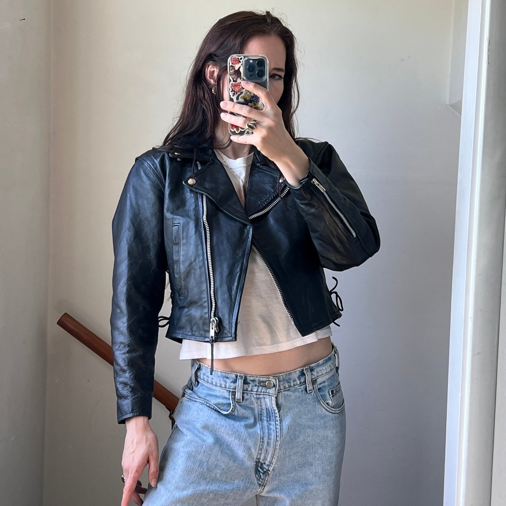 Vintage Black Leather Cropped Moto Biker Jacket Lace Up Asymmetrical Zip 80s